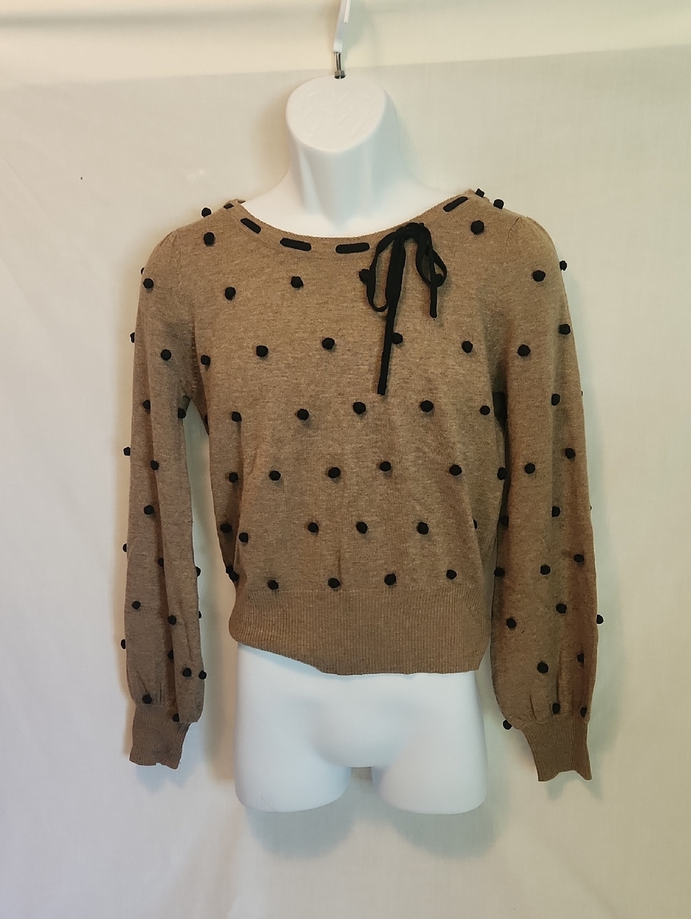 Darling Brown Polka Dot Sweater with Black Pom Detail